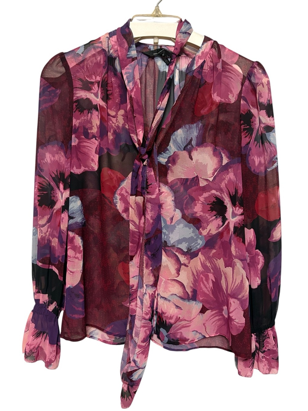 WHITE HOUSE BLACK MARKET XS Pink Purple Floral Sheer Tie Neck Long Sleeve Blouse